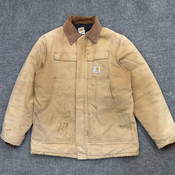 VTG Carhartt Mens Heavy Khaki Canvas Barn Coat Size 42 Regular Made In USA CO186